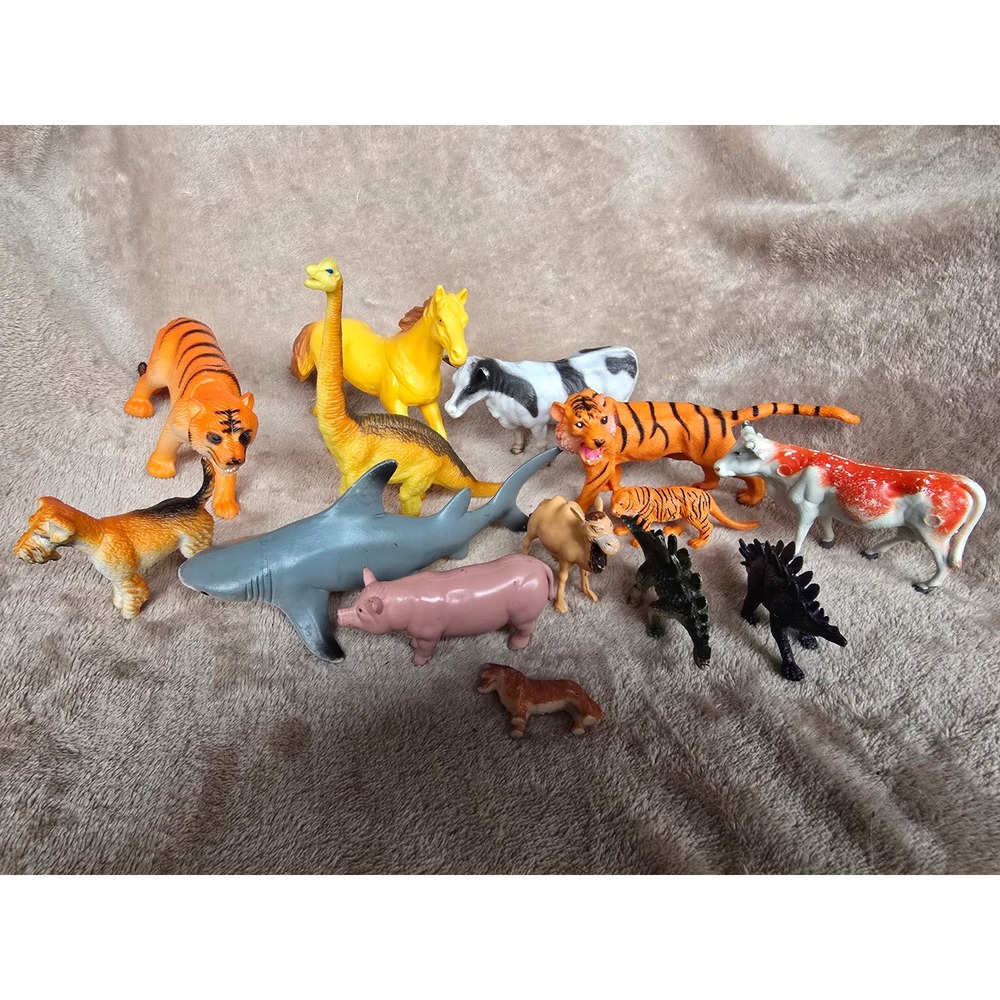 Vintage Plastic Animal Figurine Lot Tigers Dinosaurs Shark Farm Animals 14pc